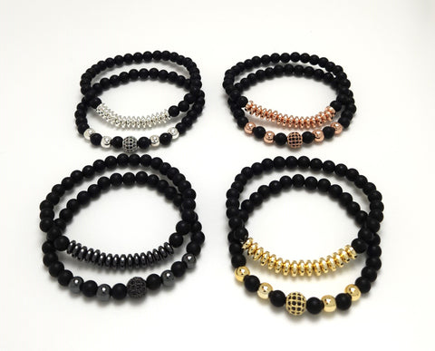 Black Frosted Matte Connected Hearts Couples Bracelet