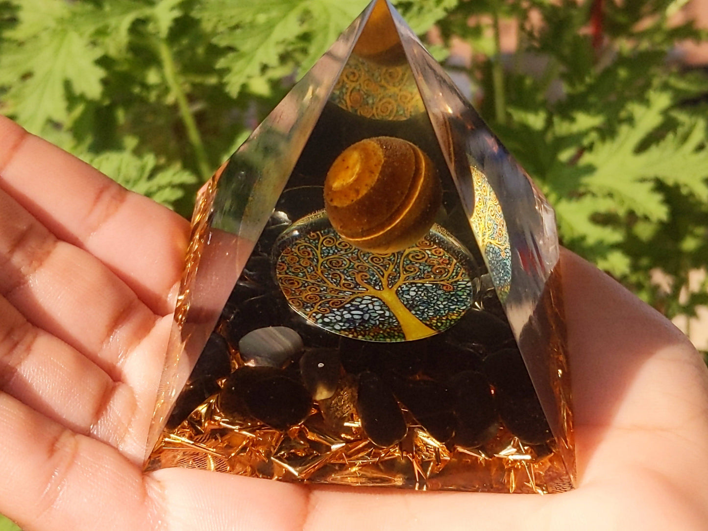 Pyramid - Tiger’s Eye & Obsidian Wisdom Transformation Good Health Orgone Pyramid