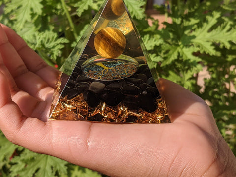 Pyramid - Tiger’s Eye & Obsidian Wisdom Transformation Good Health Orgone Pyramid