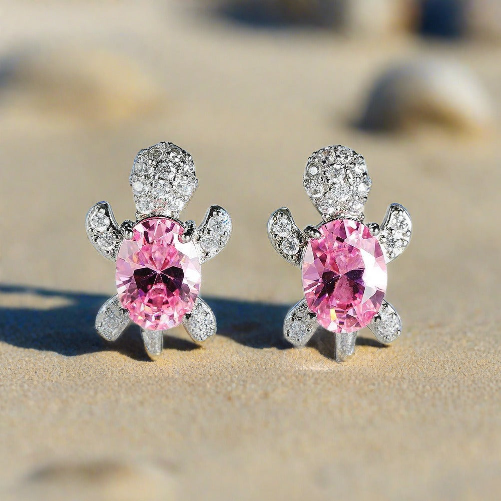 Stud Earrings - Pink Turtle Earrings , October birthstone earrings, perfect gift 